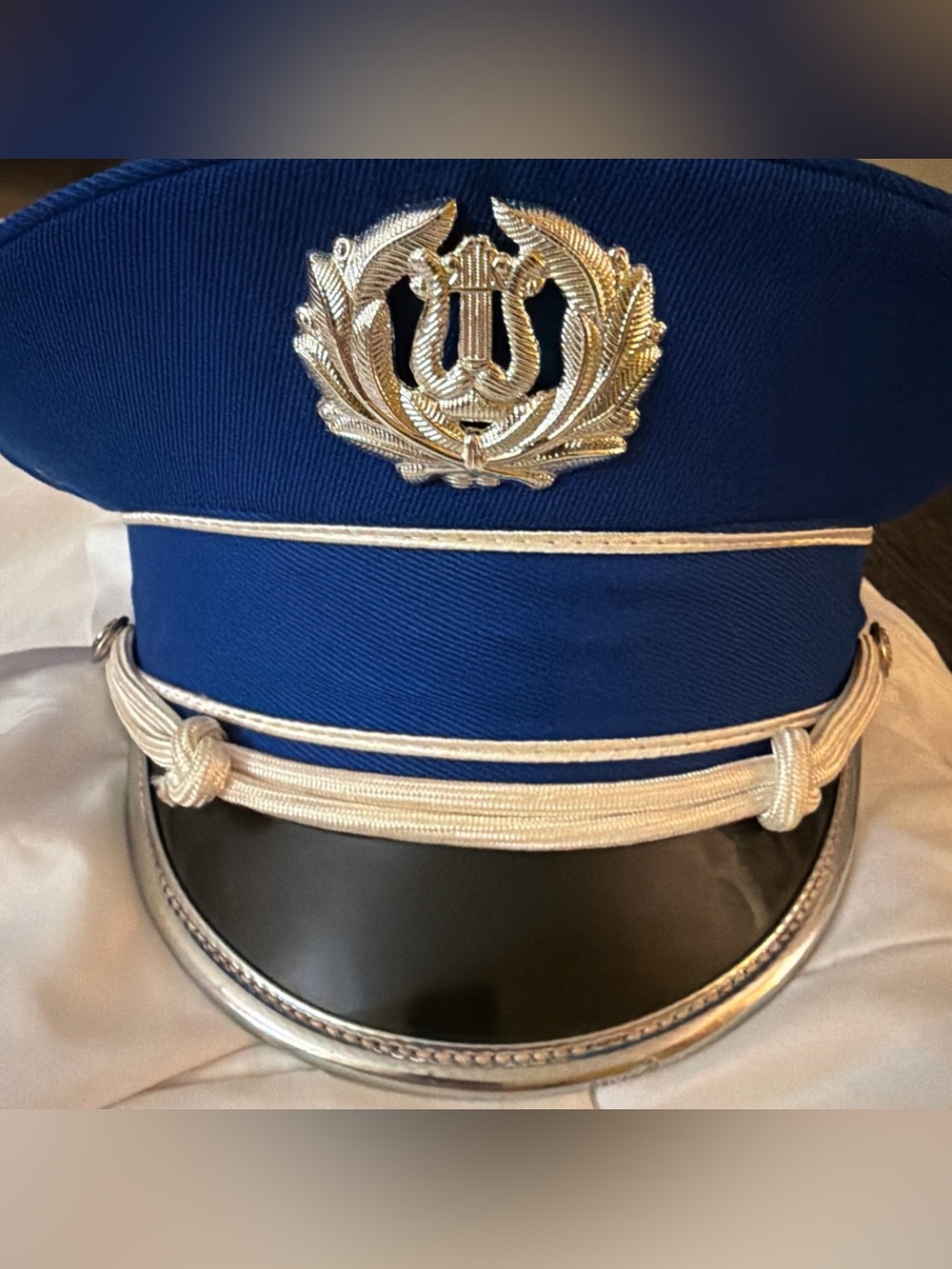 Military Captain Marching Band Drum Major Billed Hat BLUE silver Medallion 23” L